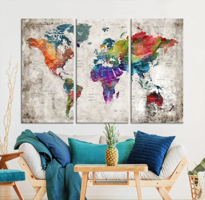 A vibrant "World Map Wall Art Canvas Print," stretched across five panels, adds an artistic touch to the room.