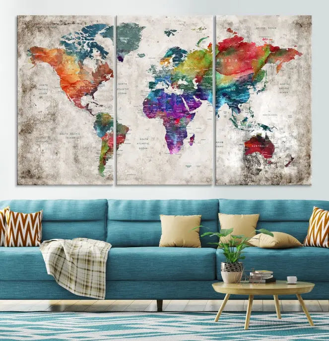 A vibrant "World Map Wall Art Canvas Print," stretched across five panels, adds an artistic touch to the room.