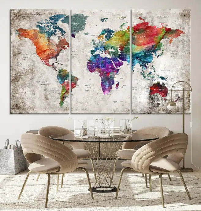 A vibrant "World Map Wall Art Canvas Print," stretched across five panels, adds an artistic touch to the room.