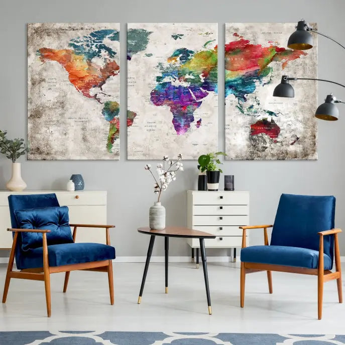 A vibrant "World Map Wall Art Canvas Print," stretched across five panels, adds an artistic touch to the room.