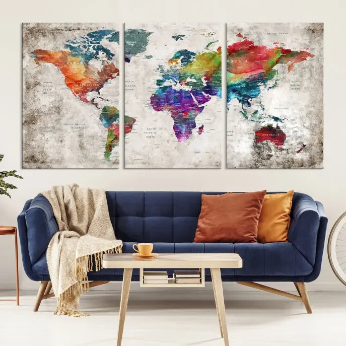 A vibrant "World Map Wall Art Canvas Print," stretched across five panels, adds an artistic touch to the room.