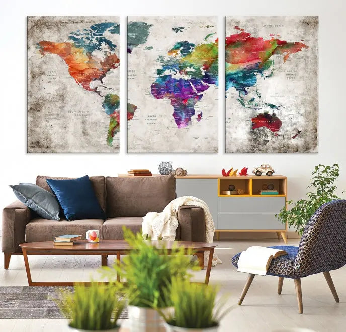 A vibrant "World Map Wall Art Canvas Print," stretched across five panels, adds an artistic touch to the room.