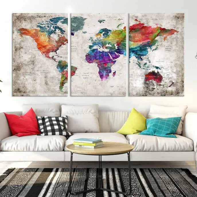 A vibrant "World Map Wall Art Canvas Print," stretched across five panels, adds an artistic touch to the room.