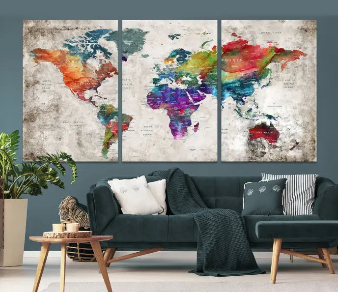 A vibrant "World Map Wall Art Canvas Print," stretched across five panels, adds an artistic touch to the room.