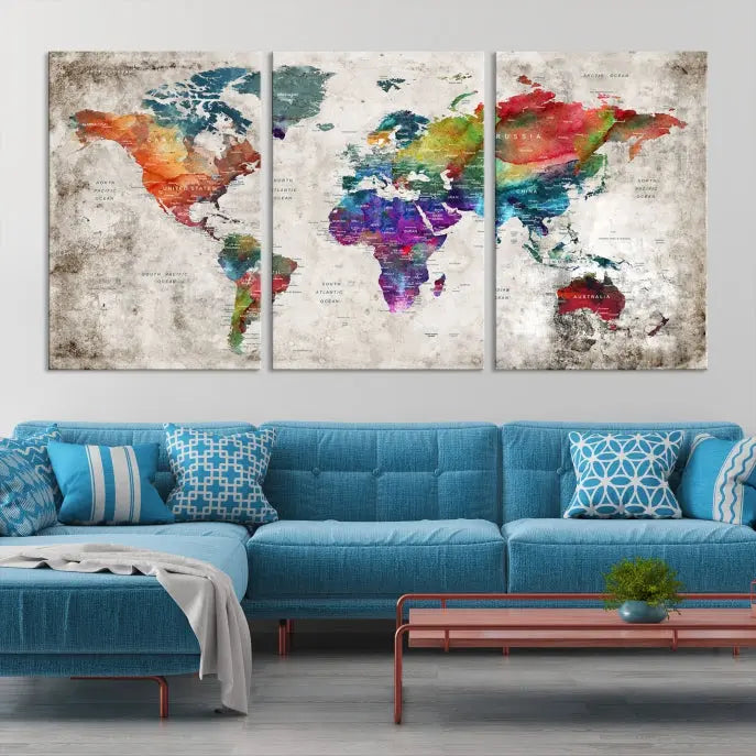 A vibrant "World Map Wall Art Canvas Print," stretched across five panels, adds an artistic touch to the room.