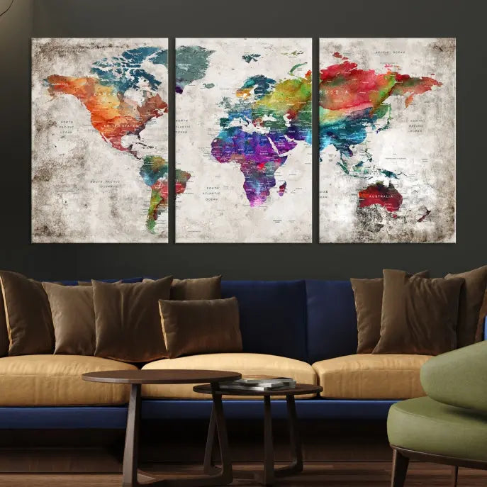 A vibrant "World Map Wall Art Canvas Print," stretched across five panels, adds an artistic touch to the room.