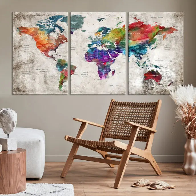 A vibrant "World Map Wall Art Canvas Print," stretched across five panels, adds an artistic touch to the room.