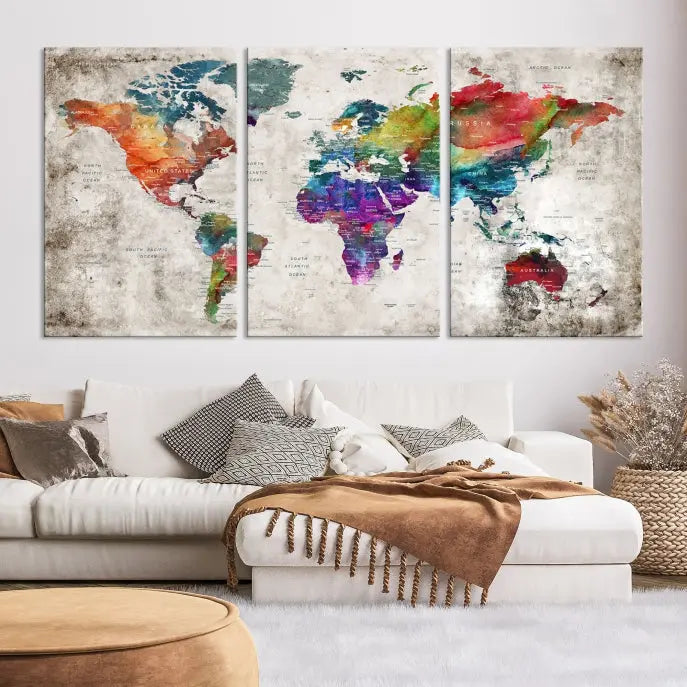 A vibrant "World Map Wall Art Canvas Print," stretched across five panels, adds an artistic touch to the room.