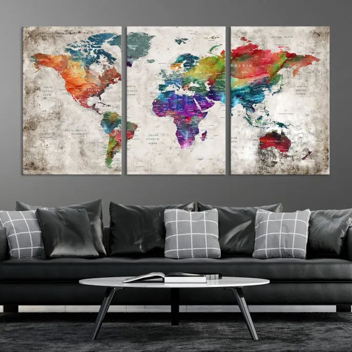 A vibrant "World Map Wall Art Canvas Print," stretched across five panels, adds an artistic touch to the room.