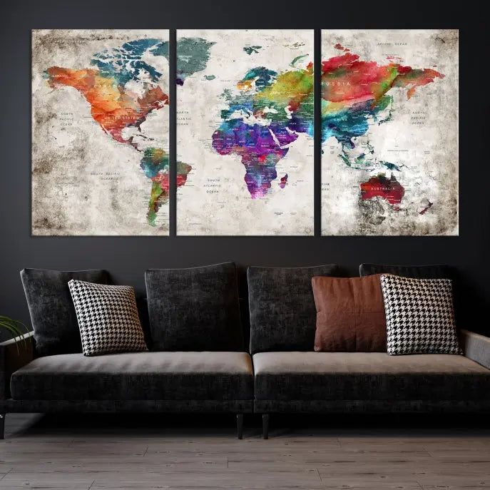 A vibrant "World Map Wall Art Canvas Print," stretched across five panels, adds an artistic touch to the room.