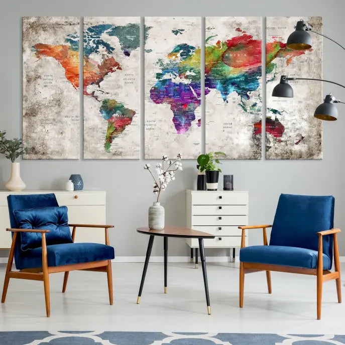 A vibrant "World Map Wall Art Canvas Print," stretched across five panels, adds an artistic touch to the room.