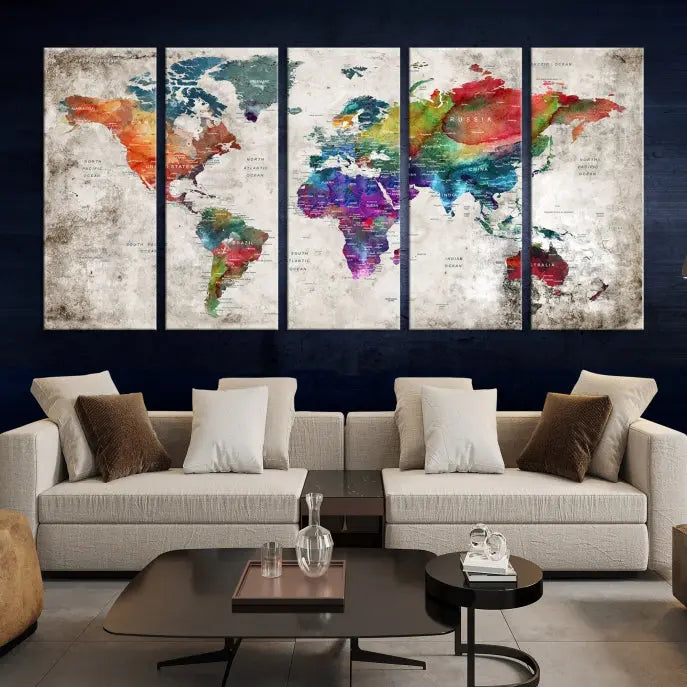 A vibrant "World Map Wall Art Canvas Print," stretched across five panels, adds an artistic touch to the room.