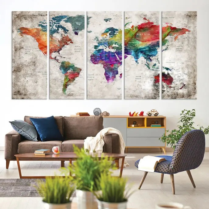 A vibrant "World Map Wall Art Canvas Print," stretched across five panels, adds an artistic touch to the room.