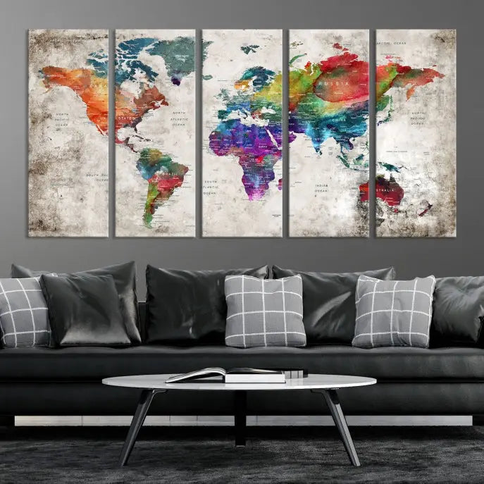 A vibrant "World Map Wall Art Canvas Print," stretched across five panels, adds an artistic touch to the room.