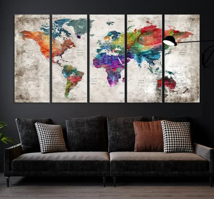 A vibrant "World Map Wall Art Canvas Print," stretched across five panels, adds an artistic touch to the room.