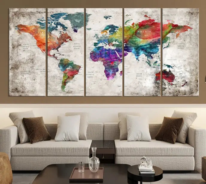 A vibrant "World Map Wall Art Canvas Print," stretched across five panels, adds an artistic touch to the room.