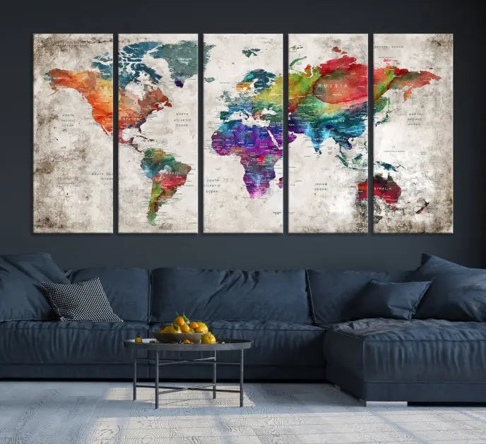 A vibrant "World Map Wall Art Canvas Print," stretched across five panels, adds an artistic touch to the room.