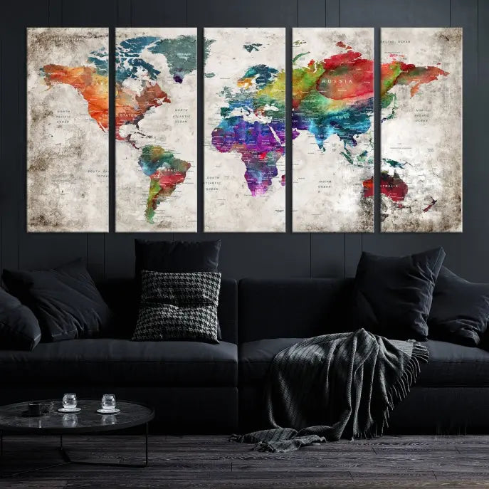 A vibrant "World Map Wall Art Canvas Print," stretched across five panels, adds an artistic touch to the room.