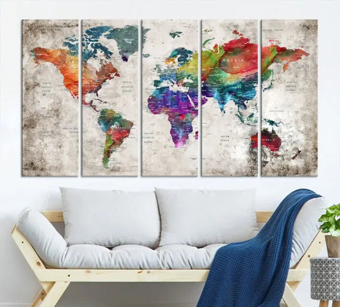 A vibrant "World Map Wall Art Canvas Print," stretched across five panels, adds an artistic touch to the room.