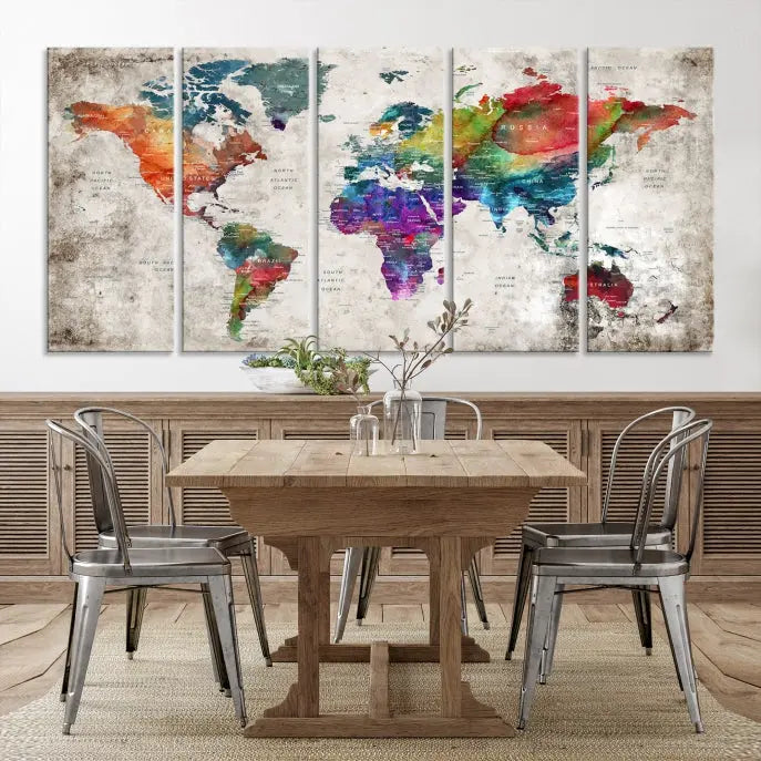 A vibrant "World Map Wall Art Canvas Print," stretched across five panels, adds an artistic touch to the room.