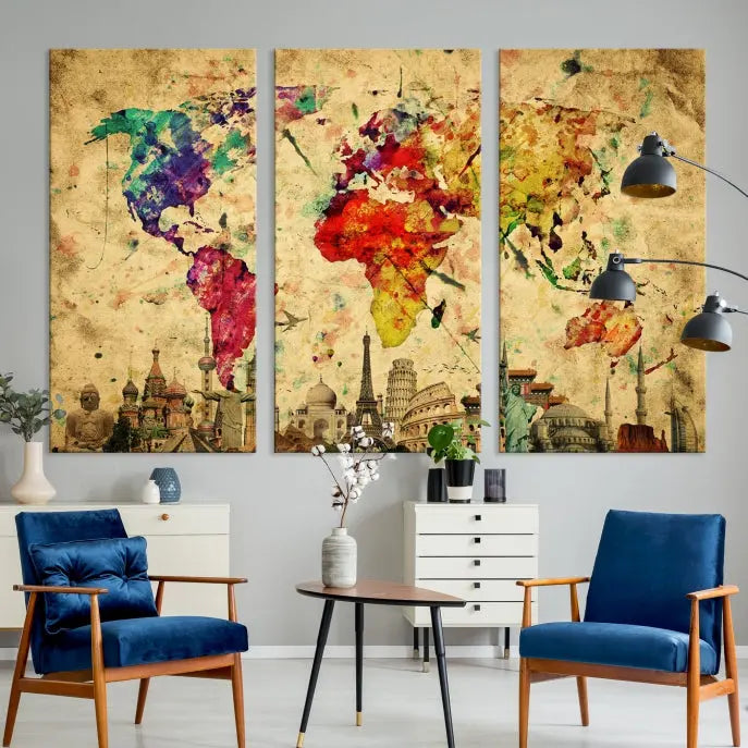 The World Map Wall Art Canvas Print is a museum-quality triptych featuring a vivid world map adorned with famous landmarks underneath. Each panel is expertly framed to add an air of sophistication to any space.