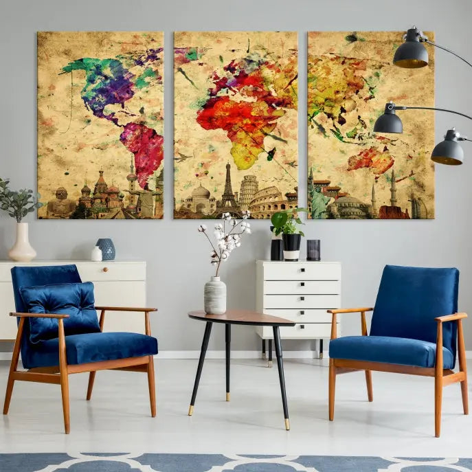 The World Map Wall Art Canvas Print is a museum-quality triptych featuring a vivid world map adorned with famous landmarks underneath. Each panel is expertly framed to add an air of sophistication to any space.