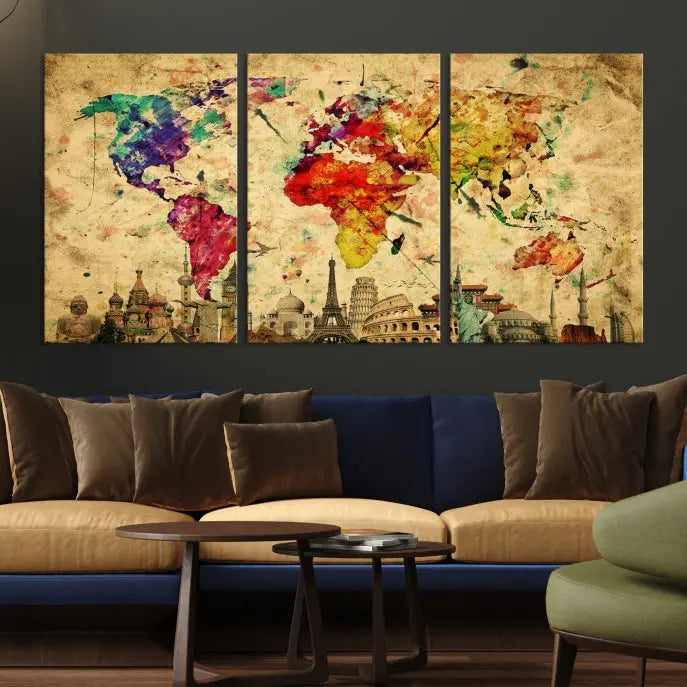 The World Map Wall Art Canvas Print is a museum-quality triptych featuring a vivid world map adorned with famous landmarks underneath. Each panel is expertly framed to add an air of sophistication to any space.