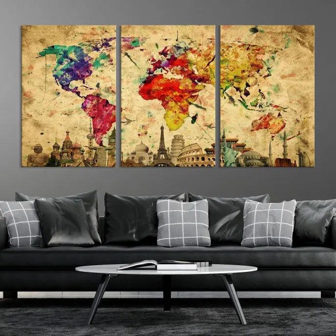 The World Map Wall Art Canvas Print is a museum-quality triptych featuring a vivid world map adorned with famous landmarks underneath. Each panel is expertly framed to add an air of sophistication to any space.