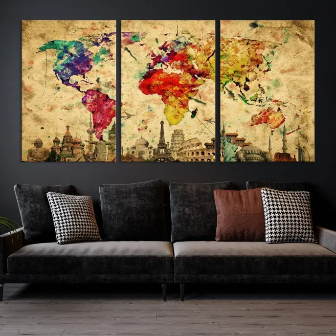 The World Map Wall Art Canvas Print is a museum-quality triptych featuring a vivid world map adorned with famous landmarks underneath. Each panel is expertly framed to add an air of sophistication to any space.