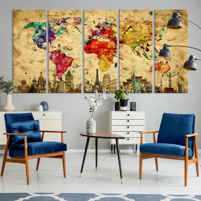 The World Map Wall Art Canvas Print is a museum-quality triptych featuring a vivid world map adorned with famous landmarks underneath. Each panel is expertly framed to add an air of sophistication to any space.