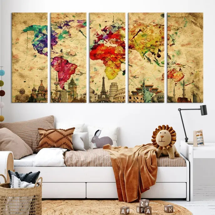 The World Map Wall Art Canvas Print is a museum-quality triptych featuring a vivid world map adorned with famous landmarks underneath. Each panel is expertly framed to add an air of sophistication to any space.