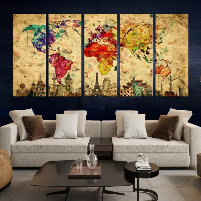 The World Map Wall Art Canvas Print is a museum-quality triptych featuring a vivid world map adorned with famous landmarks underneath. Each panel is expertly framed to add an air of sophistication to any space.