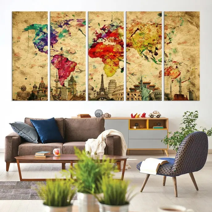 The World Map Wall Art Canvas Print is a museum-quality triptych featuring a vivid world map adorned with famous landmarks underneath. Each panel is expertly framed to add an air of sophistication to any space.