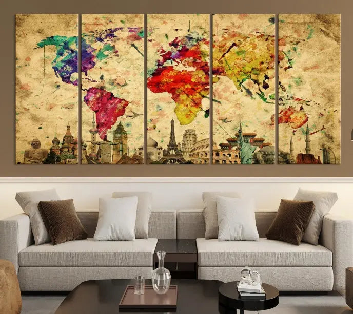 The World Map Wall Art Canvas Print is a museum-quality triptych featuring a vivid world map adorned with famous landmarks underneath. Each panel is expertly framed to add an air of sophistication to any space.