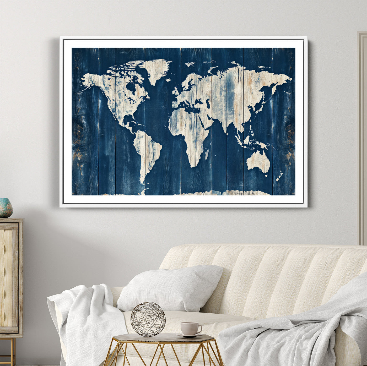 13377812-MGC-FP-36x24_White-World Map Wall Art Canvas Print, Rustic Map Print, Framed Wooden World Map Art Print, Large Antique Map Decor Printing Perfect for Vintage