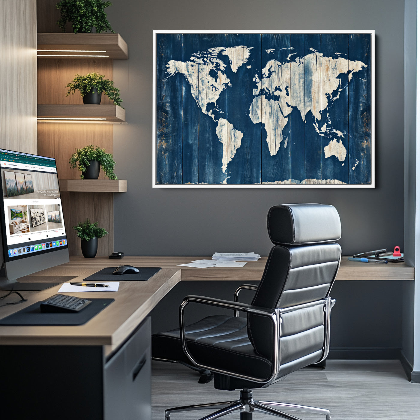13377812-MGV-CV-36X24-World Map Wall Art Canvas Print, Rustic Map Print, Framed Wooden World Map Art Print, Large Antique Map Decor Printing Perfect for Vintage