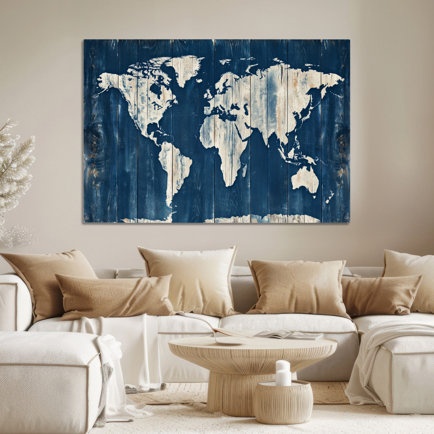 13377812-MGV-CV-36X24-World Map Wall Art Canvas Print, Rustic Map Print, Framed Wooden World Map Art Print, Large Antique Map Decor Printing Perfect for Vintage