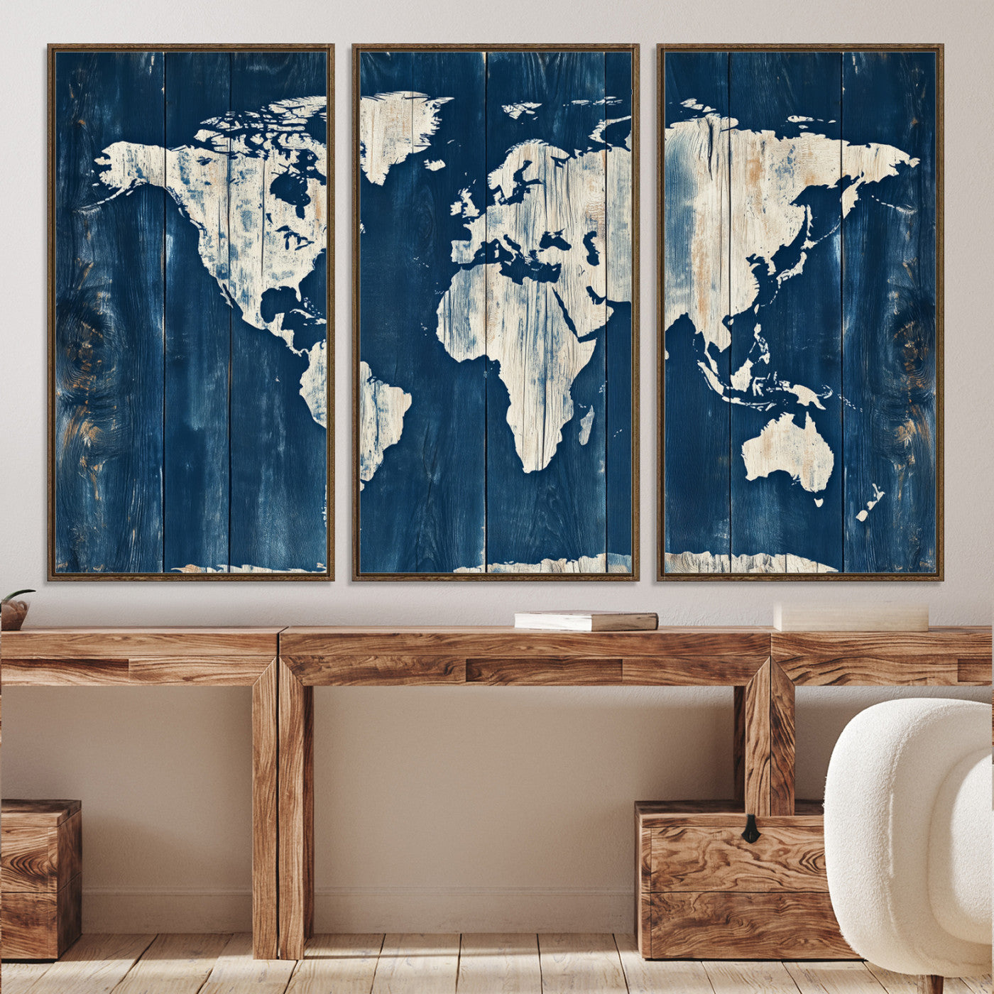 13377812-MGV-CV-36X24-World Map Wall Art Canvas Print, Rustic Map Print, Framed Wooden World Map Art Print, Large Antique Map Decor Printing Perfect for Vintage