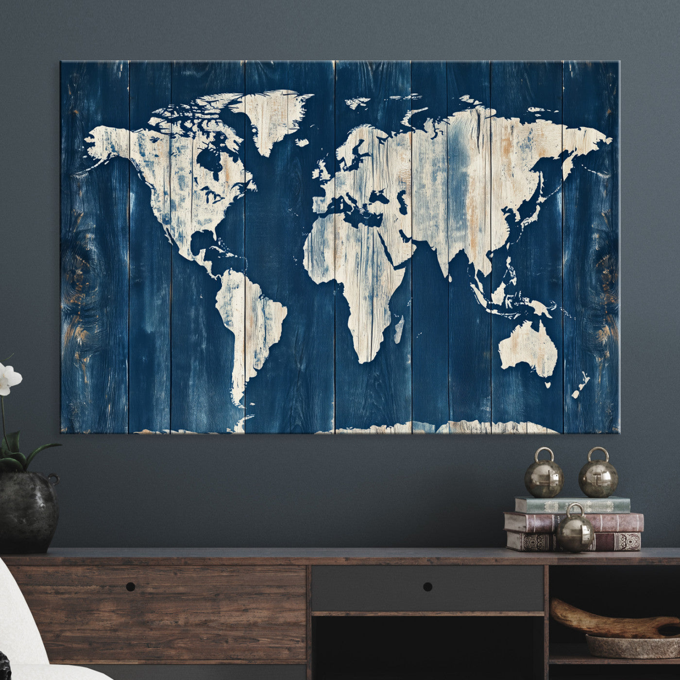 13377812-MGV-CV-36X24-World Map Wall Art Canvas Print, Rustic Map Print, Framed Wooden World Map Art Print, Large Antique Map Decor Printing Perfect for Vintage