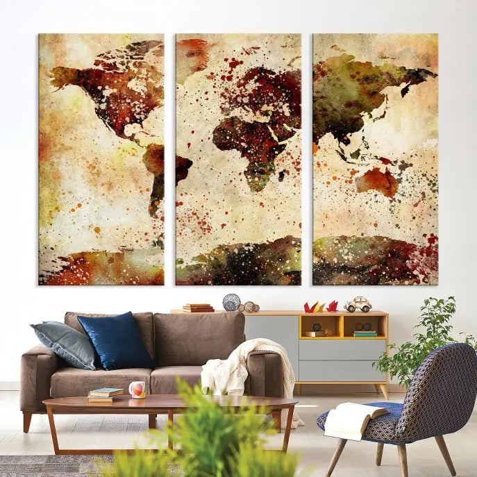 The World Map Wall Art Ink Painting World Map Canvas Print is crafted on museum-quality canvas in earthy tones. Its UV-protective coating ensures long-lasting beauty. Experience the elegance of this art piece with the advantage of free shipping included.