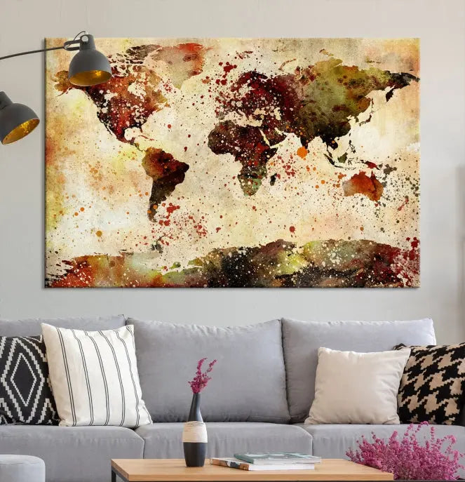 The World Map Wall Art Ink Painting World Map Canvas Print is crafted on museum-quality canvas in earthy tones. Its UV-protective coating ensures long-lasting beauty. Experience the elegance of this art piece with the advantage of free shipping included.