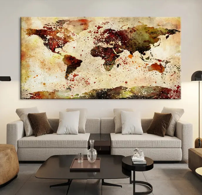 The World Map Wall Art Ink Painting World Map Canvas Print is crafted on museum-quality canvas in earthy tones. Its UV-protective coating ensures long-lasting beauty. Experience the elegance of this art piece with the advantage of free shipping included.