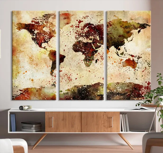 The World Map Wall Art Ink Painting World Map Canvas Print is crafted on museum-quality canvas in earthy tones. Its UV-protective coating ensures long-lasting beauty. Experience the elegance of this art piece with the advantage of free shipping included.