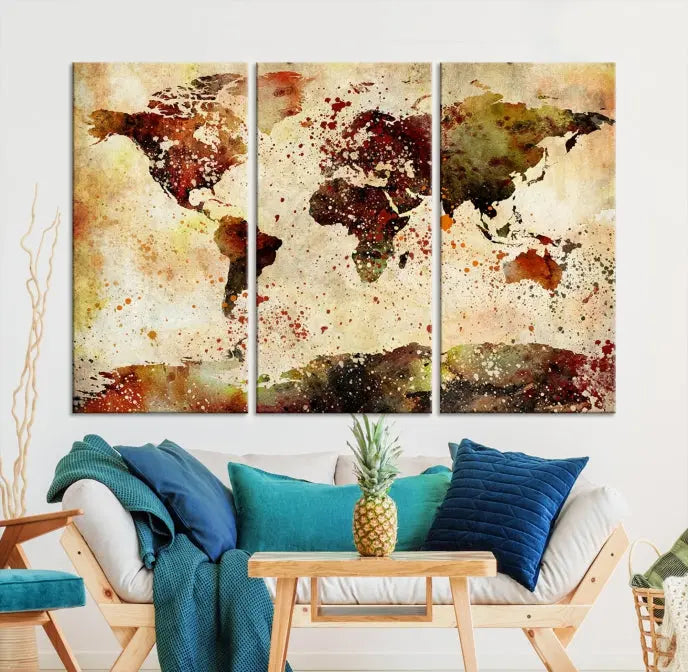 The World Map Wall Art Ink Painting World Map Canvas Print is crafted on museum-quality canvas in earthy tones. Its UV-protective coating ensures long-lasting beauty. Experience the elegance of this art piece with the advantage of free shipping included.