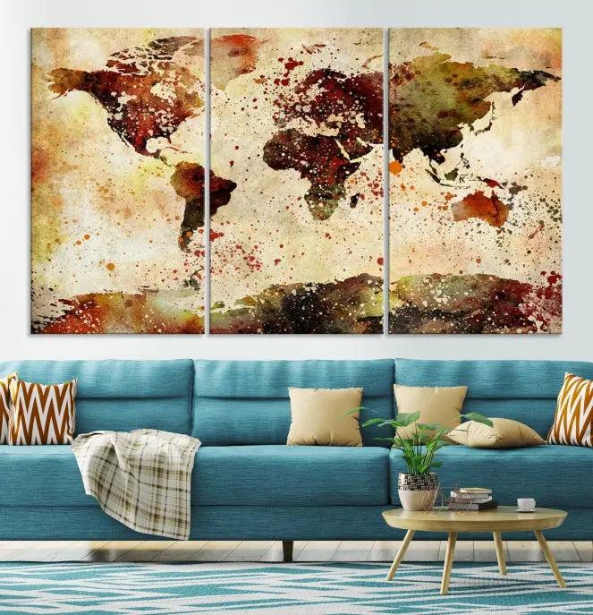 The World Map Wall Art Ink Painting World Map Canvas Print is crafted on museum-quality canvas in earthy tones. Its UV-protective coating ensures long-lasting beauty. Experience the elegance of this art piece with the advantage of free shipping included.