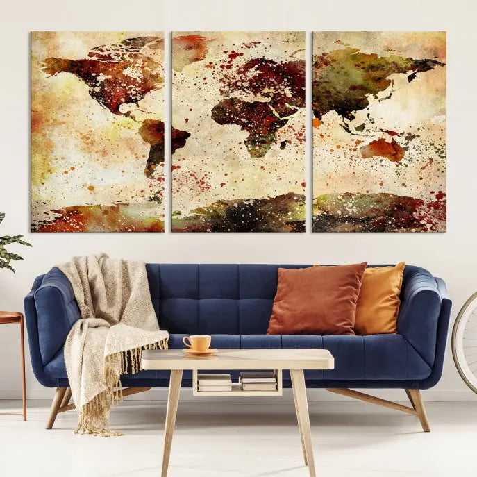 The World Map Wall Art Ink Painting World Map Canvas Print is crafted on museum-quality canvas in earthy tones. Its UV-protective coating ensures long-lasting beauty. Experience the elegance of this art piece with the advantage of free shipping included.