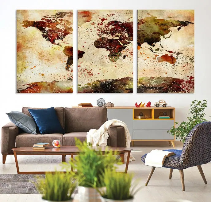 The World Map Wall Art Ink Painting World Map Canvas Print is crafted on museum-quality canvas in earthy tones. Its UV-protective coating ensures long-lasting beauty. Experience the elegance of this art piece with the advantage of free shipping included.