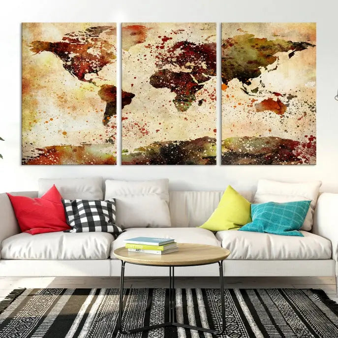 The World Map Wall Art Ink Painting World Map Canvas Print is crafted on museum-quality canvas in earthy tones. Its UV-protective coating ensures long-lasting beauty. Experience the elegance of this art piece with the advantage of free shipping included.