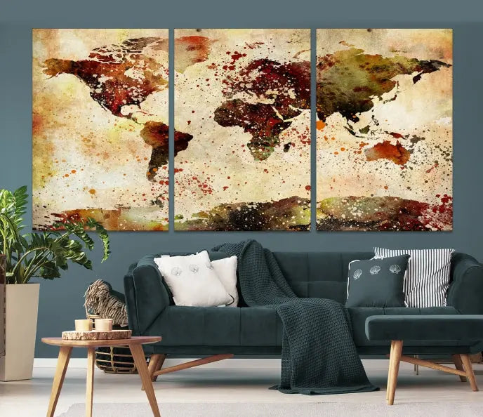 The World Map Wall Art Ink Painting World Map Canvas Print is crafted on museum-quality canvas in earthy tones. Its UV-protective coating ensures long-lasting beauty. Experience the elegance of this art piece with the advantage of free shipping included.