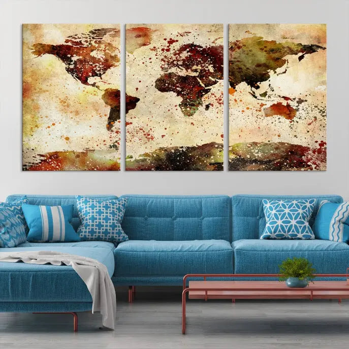 The World Map Wall Art Ink Painting World Map Canvas Print is crafted on museum-quality canvas in earthy tones. Its UV-protective coating ensures long-lasting beauty. Experience the elegance of this art piece with the advantage of free shipping included.